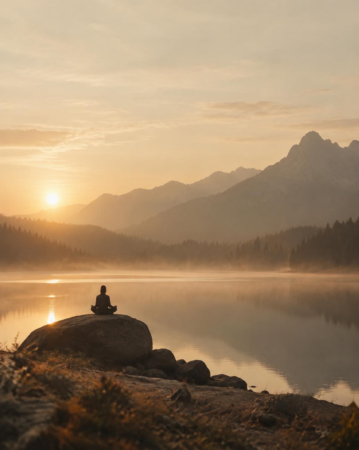 A solitary figure seated in meditation beside a still lake at sunrise